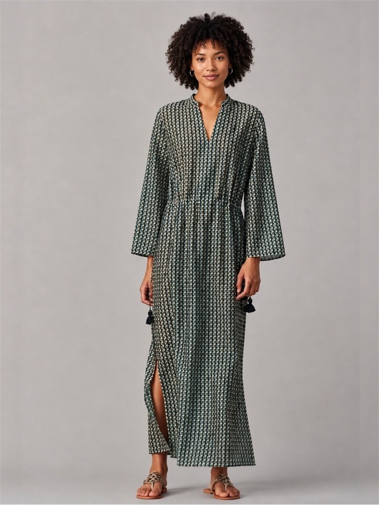 Tory Burch Dresses & Skirts - Tory Burch Basket Weave Geo Logo Cotton Caftan Maxi Dress Size M